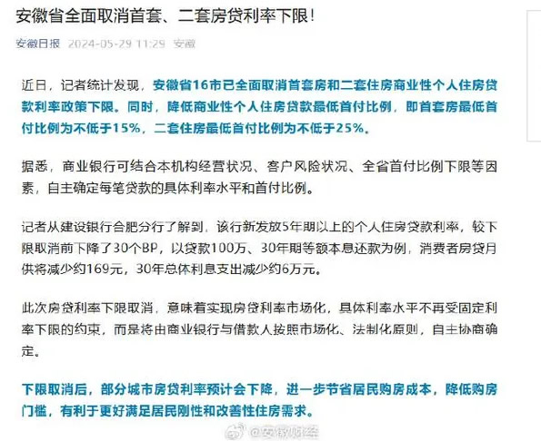 安徽全面取消首套房、二套房贷款利率下限